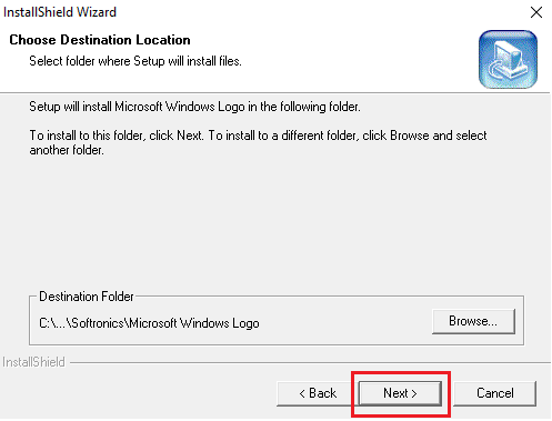 2. Este cuadro indica donde se instalará el programa Logo. Seleccionar NEXT, para continuar. Image