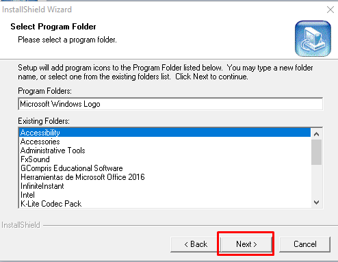 3. Por último en este cuadro se define en que grupo de carpeta se mostrarán los accesos para iniciar Logo. Seleccionar NEXT para finalizar la instalación. Image